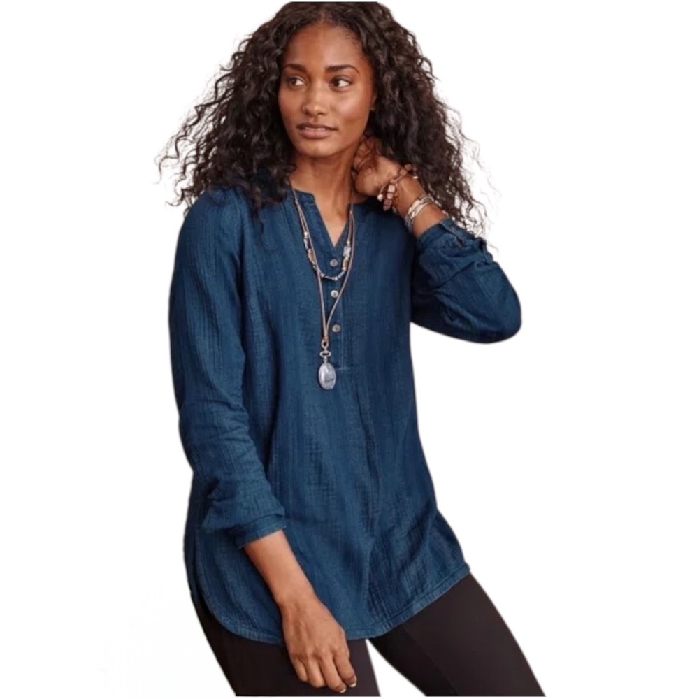 Purejill Indigo Textured Tunic Top Parker Wash Long Sleeve Sz L NWT